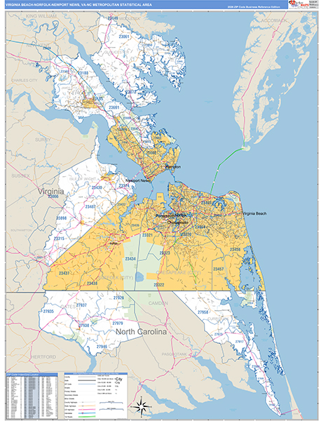 Virginia Beach-Norfolk-Newport News Metro Area Wall Map
